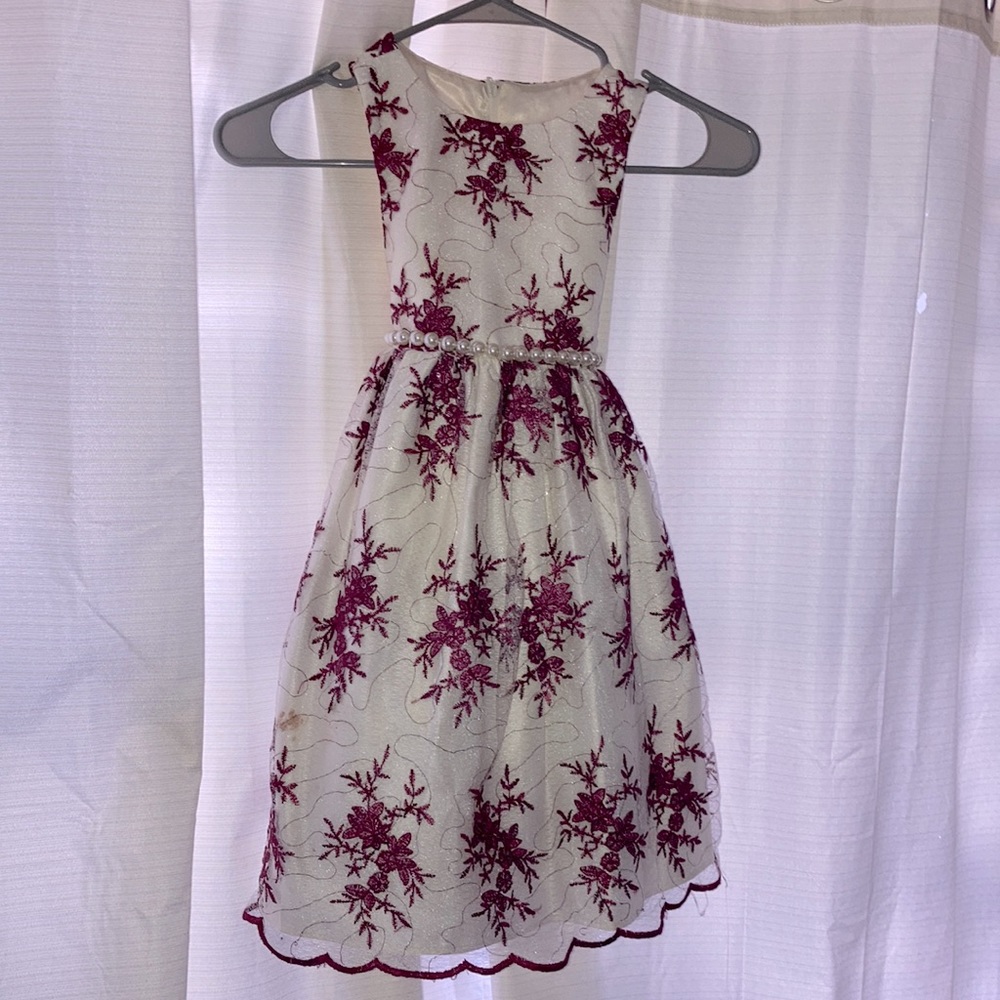 White and burgundy embroidered girls dress with petals and sequins